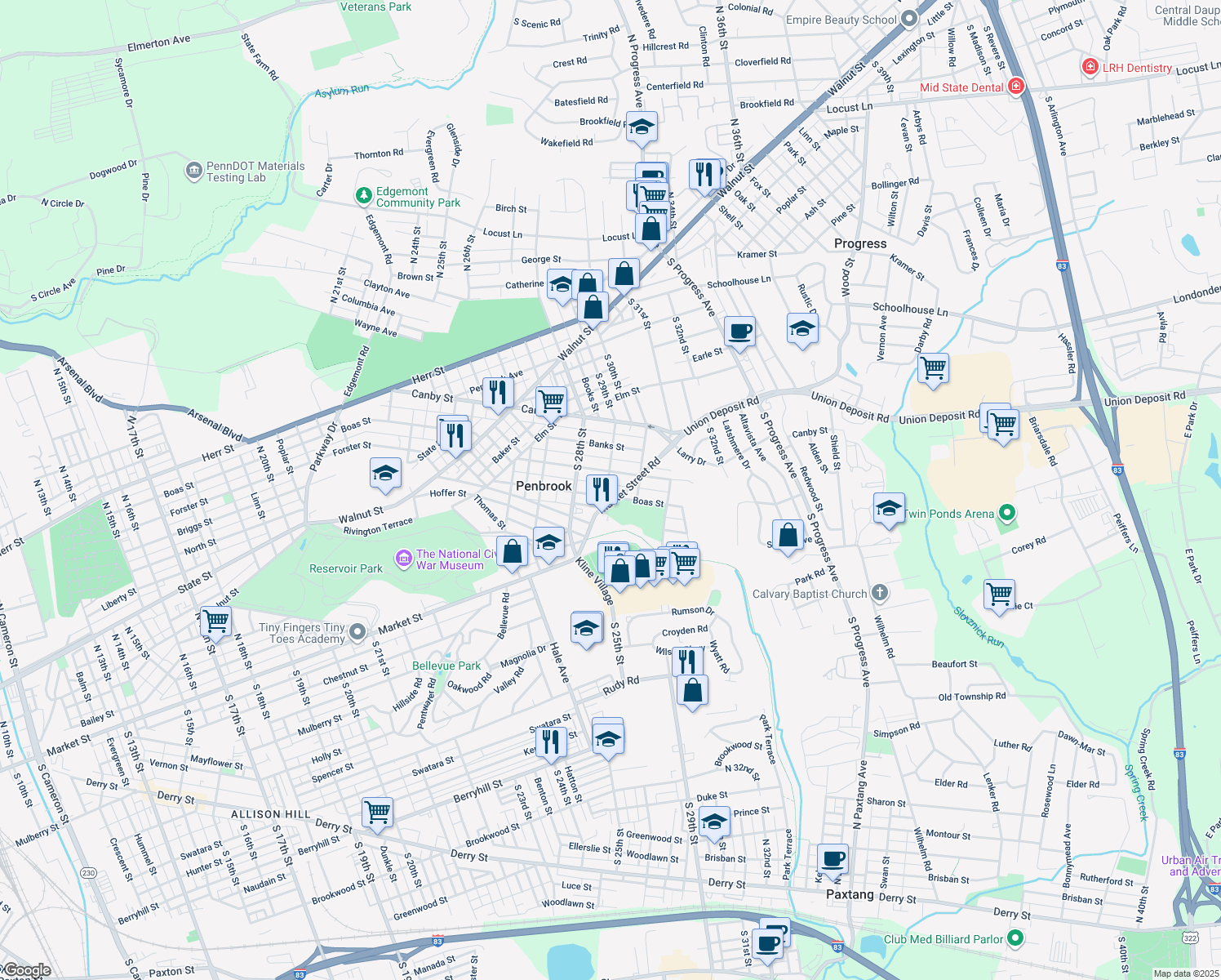 map of restaurants, bars, coffee shops, grocery stores, and more near 2900 Boas Street in Harrisburg