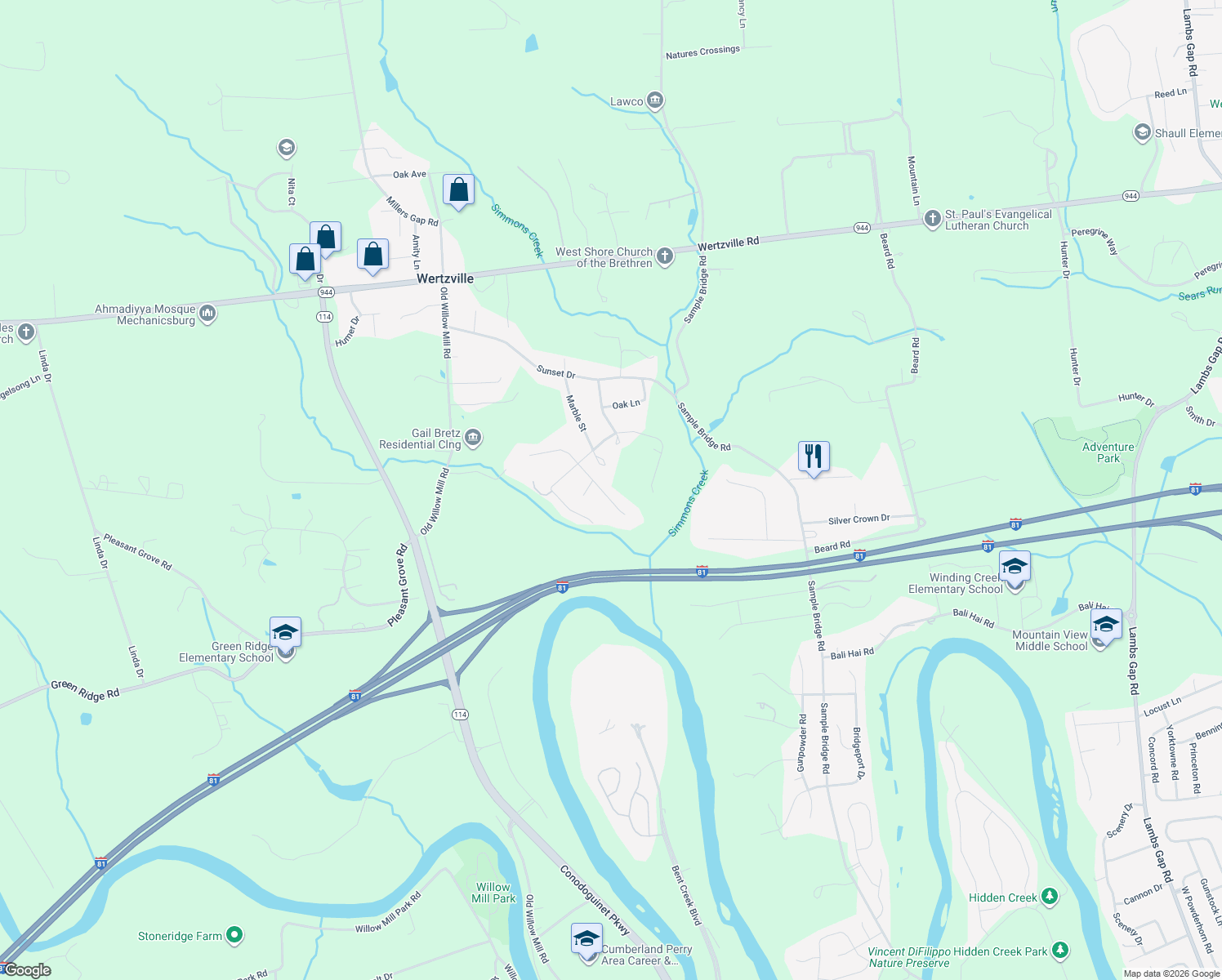map of restaurants, bars, coffee shops, grocery stores, and more near 9 South Locust Lane in Mechanicsburg