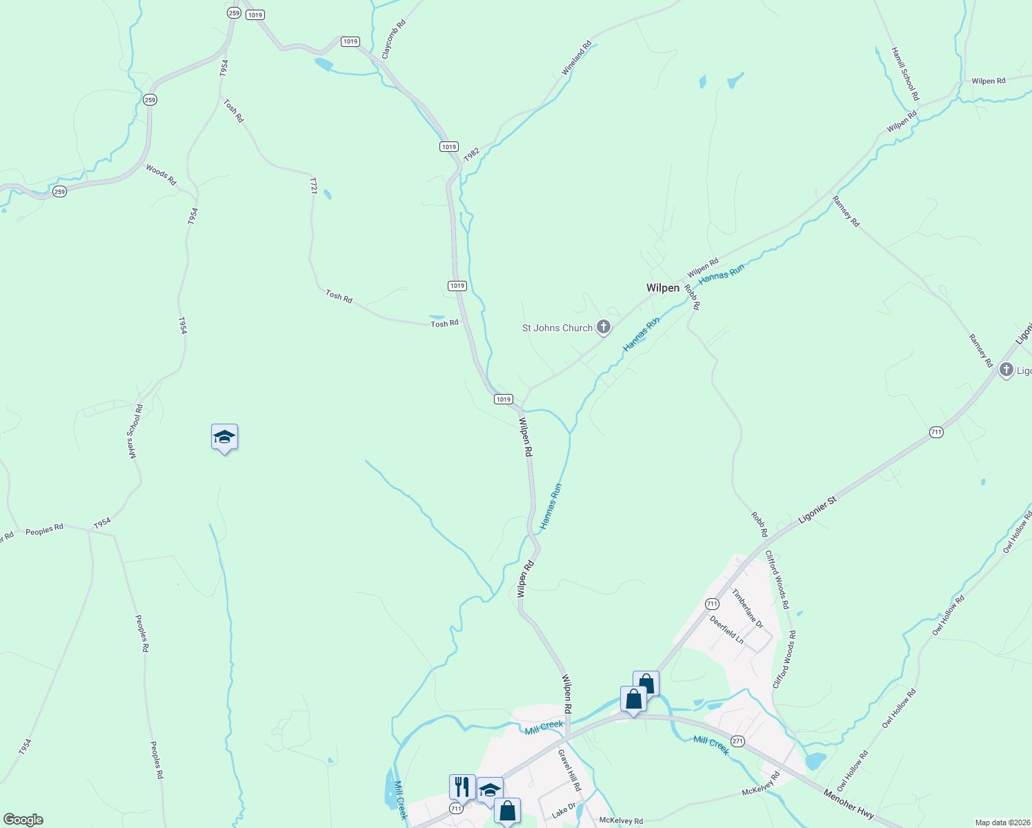 map of restaurants, bars, coffee shops, grocery stores, and more near 251 Wilpen Road in Ligonier