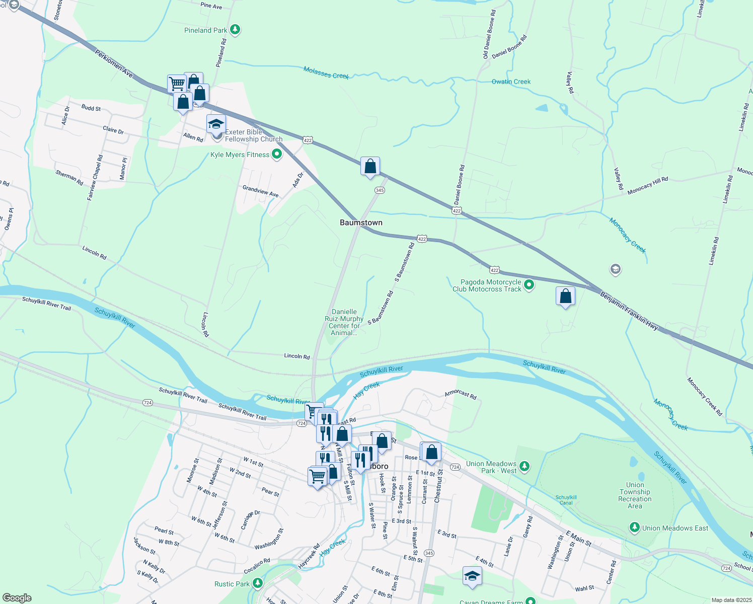 map of restaurants, bars, coffee shops, grocery stores, and more near 402 South Baumstown Road in Birdsboro