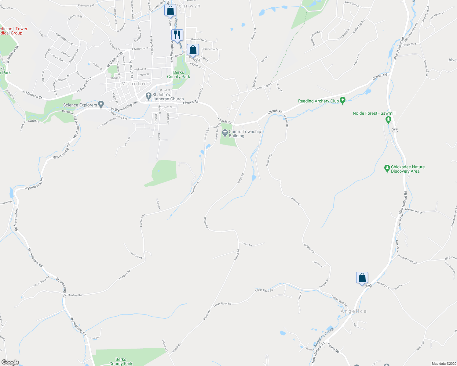 map of restaurants, bars, coffee shops, grocery stores, and more near 1991 Welsh Road in Mohnton