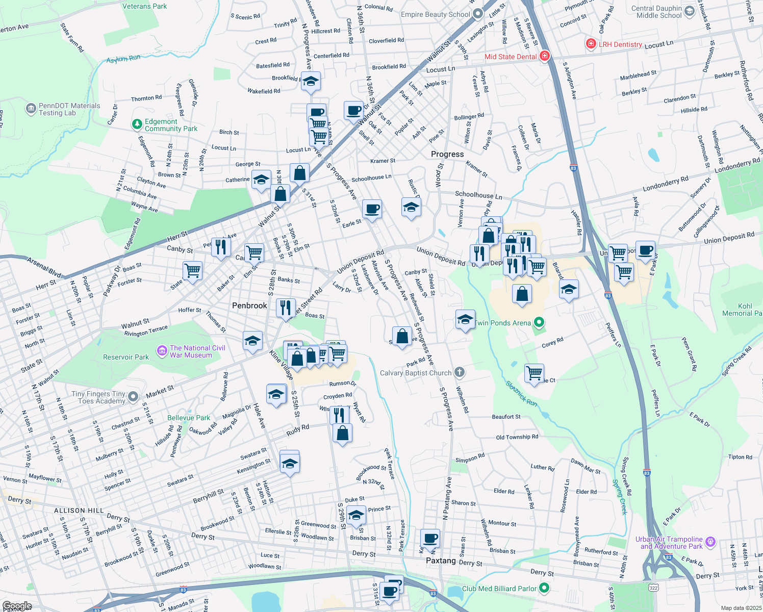 map of restaurants, bars, coffee shops, grocery stores, and more near 516 Sandra Avenue in Harrisburg