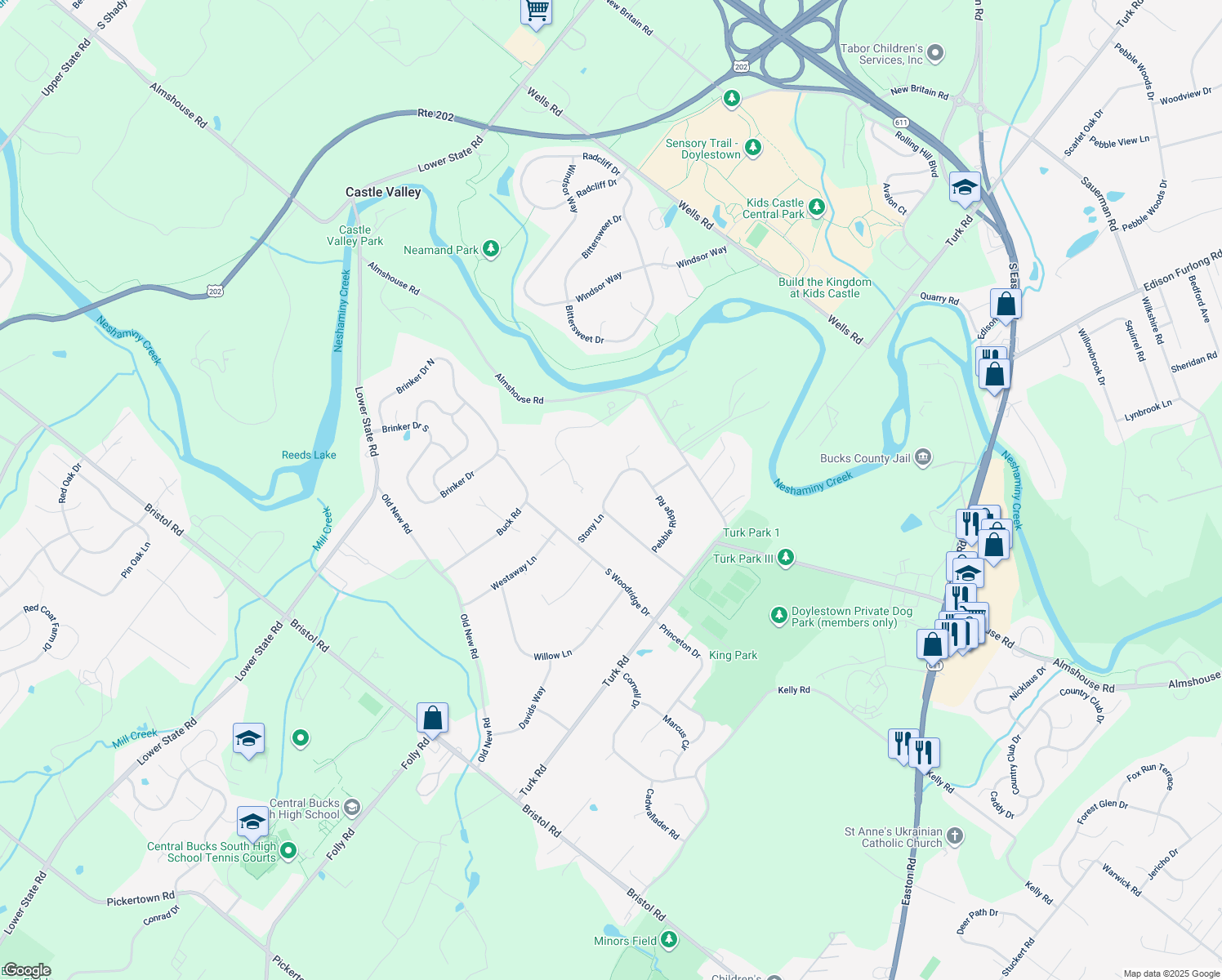 map of restaurants, bars, coffee shops, grocery stores, and more near 132 Pebble Ridge Road in Warrington