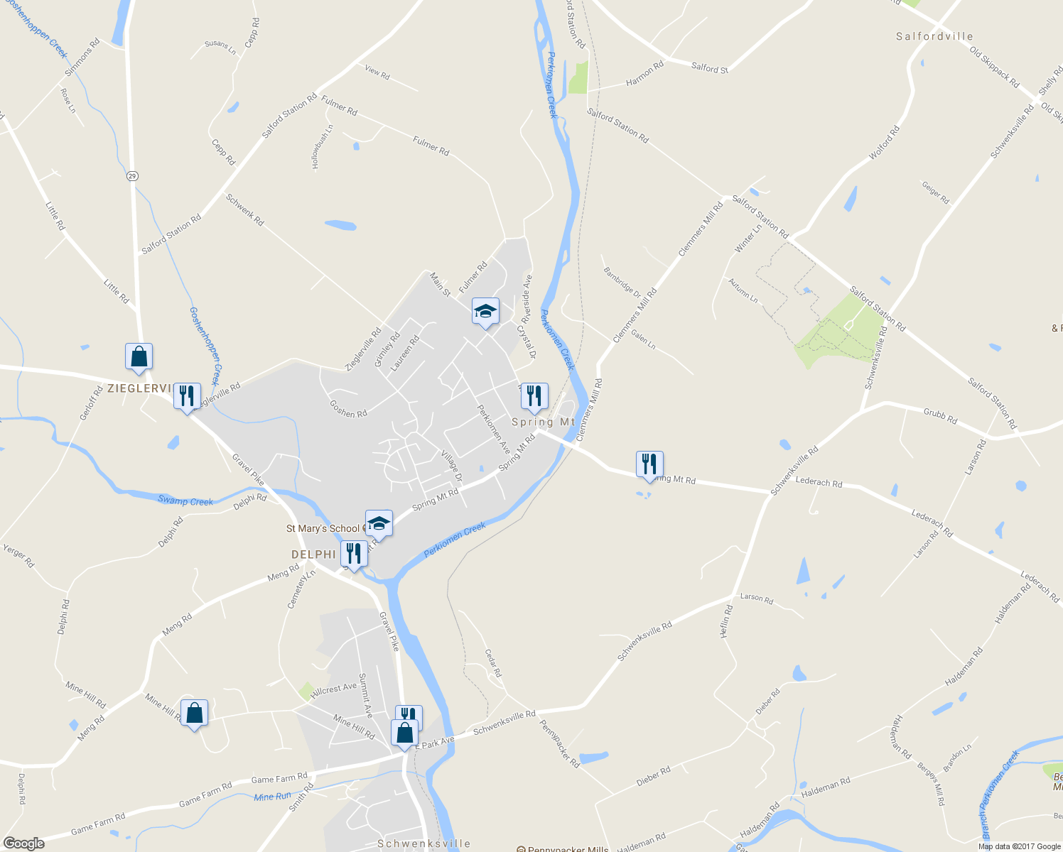 map of restaurants, bars, coffee shops, grocery stores, and more near 6 Main Street in Schwenksville