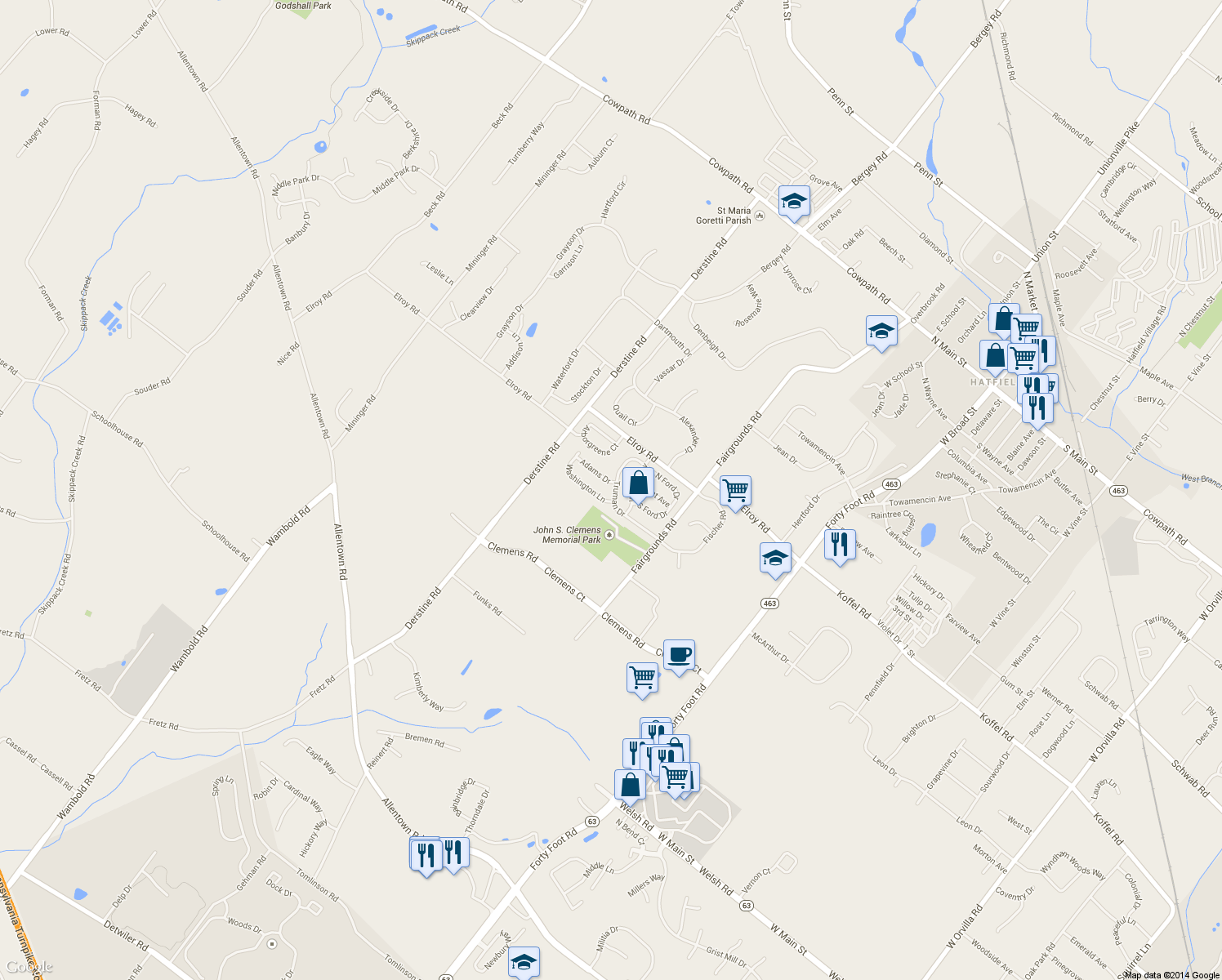 map of restaurants, bars, coffee shops, grocery stores, and more near 2876 Truman Drive in Hatfield