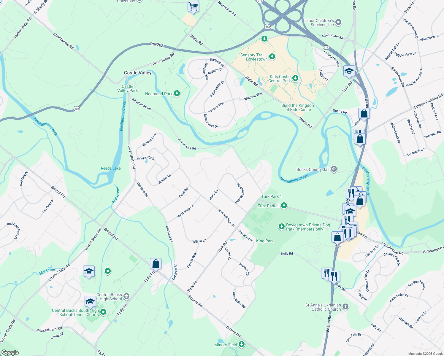map of restaurants, bars, coffee shops, grocery stores, and more near 144 Pebble Ridge Road in Warrington