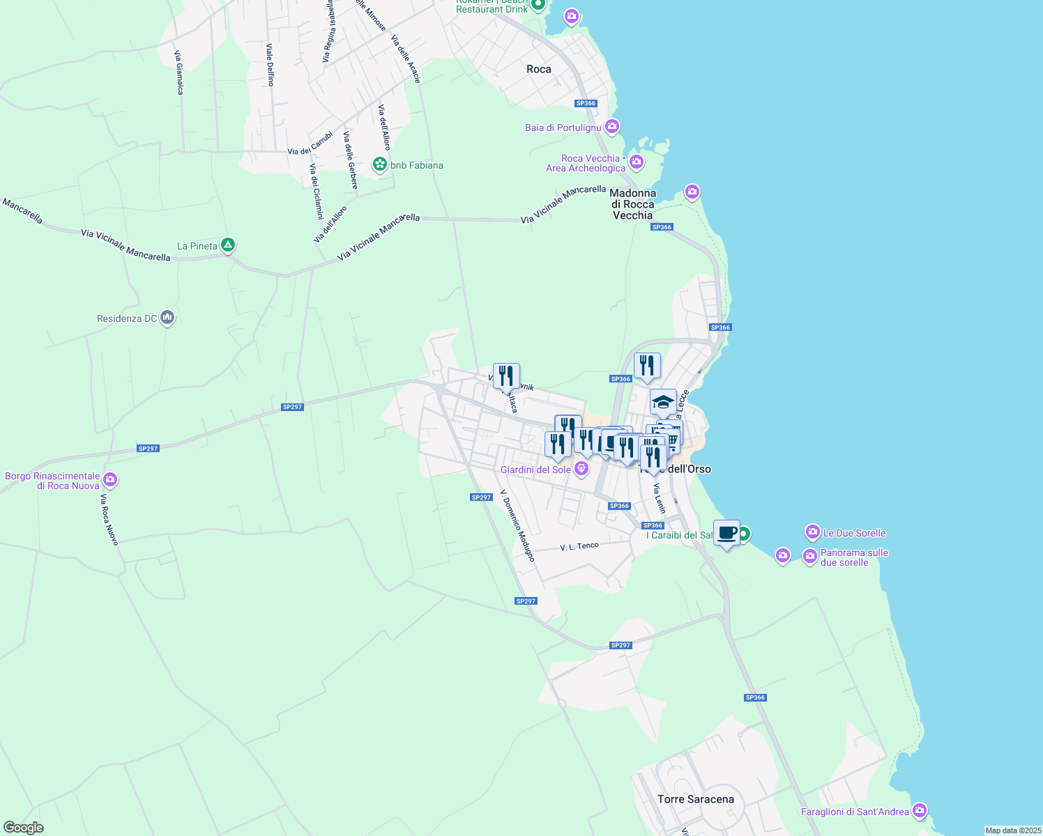 map of restaurants, bars, coffee shops, grocery stores, and more near 10 Via Tina Pica in Torre dell'Orso