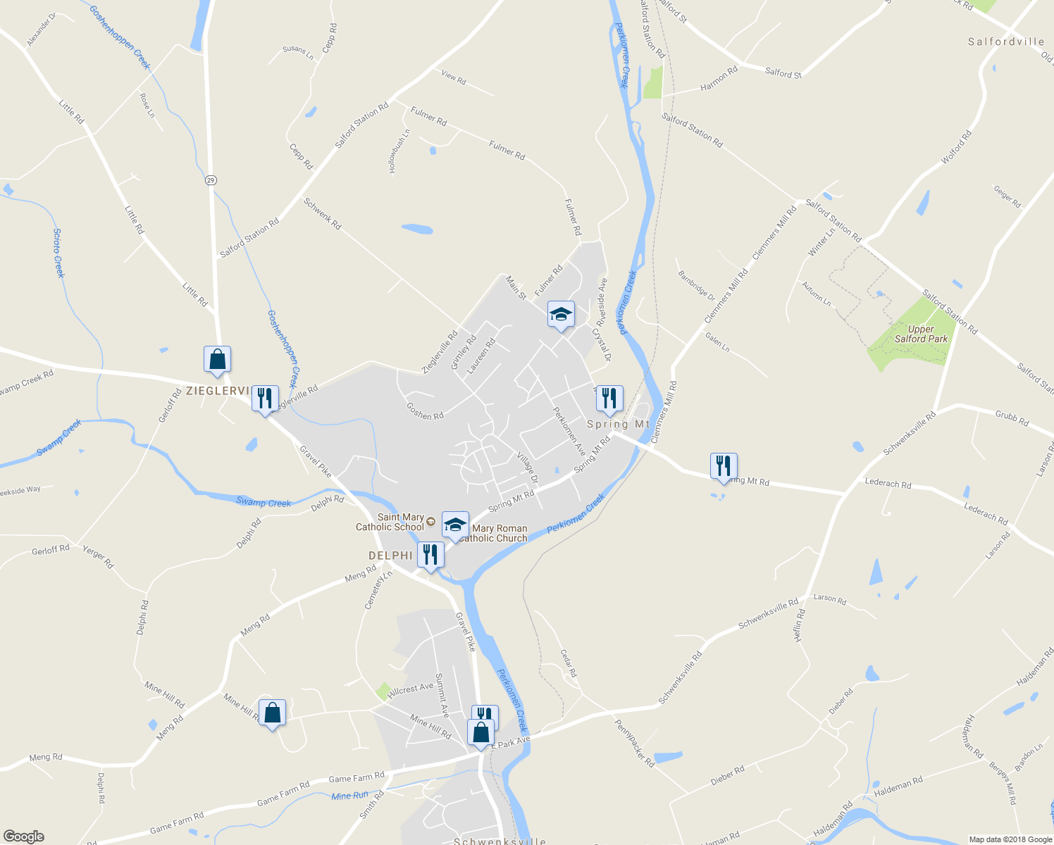 map of restaurants, bars, coffee shops, grocery stores, and more near 11 Mary Jane Street in Schwenksville