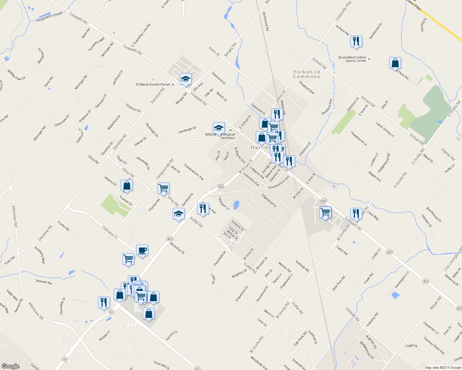 map of restaurants, bars, coffee shops, grocery stores, and more near 328 West Broad Street in Hatfield