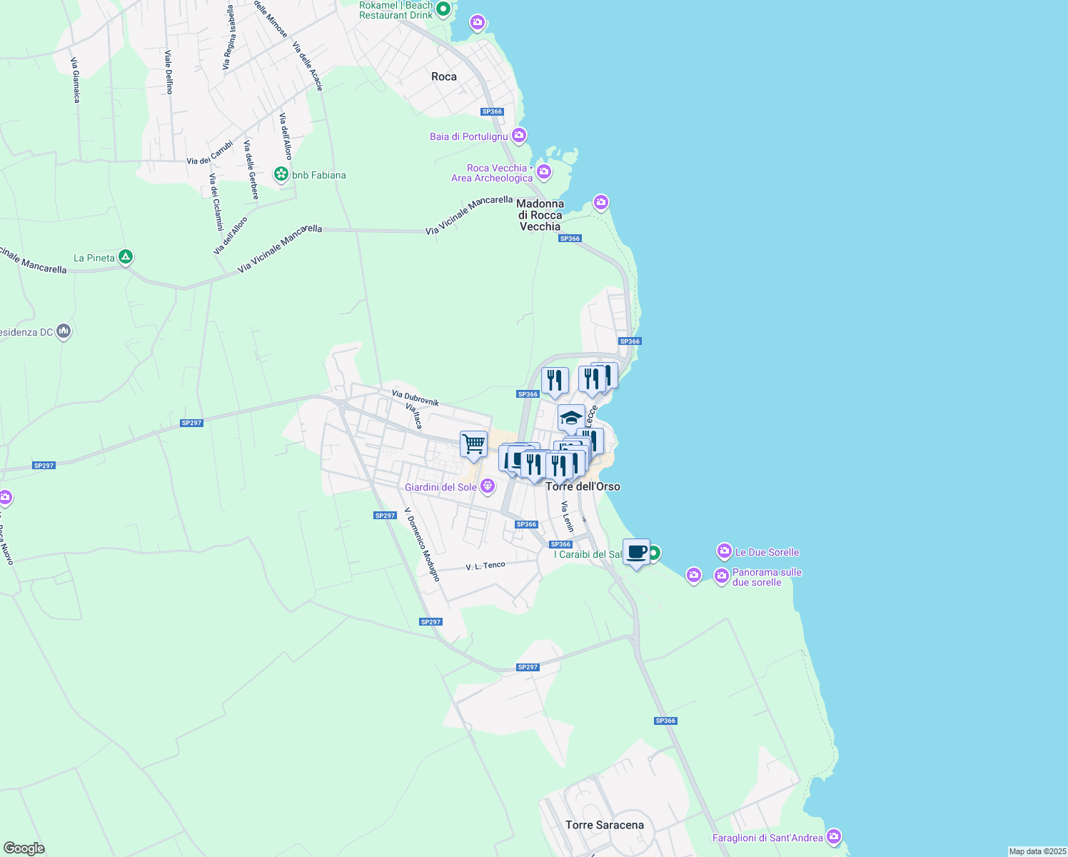 map of restaurants, bars, coffee shops, grocery stores, and more near Via Massimo d'Antona in Torre Dell'Orso