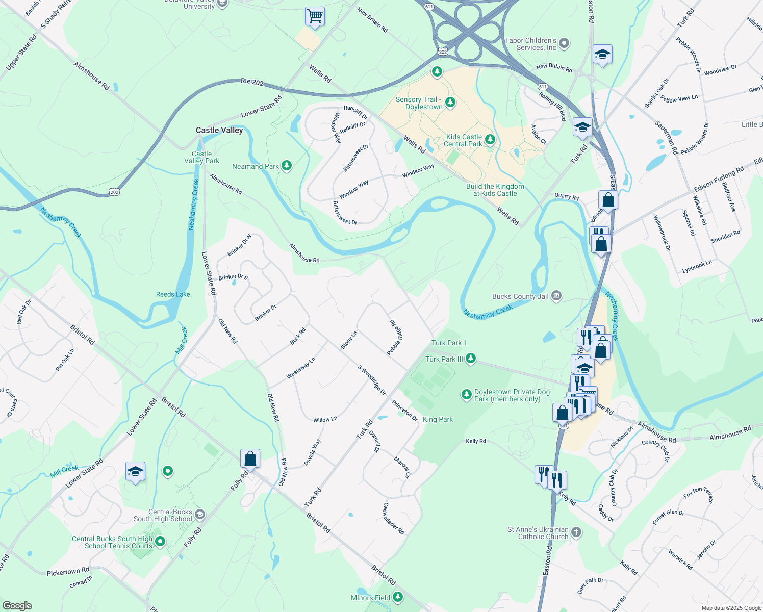 map of restaurants, bars, coffee shops, grocery stores, and more near 184 Pebble Ridge Road in Warrington