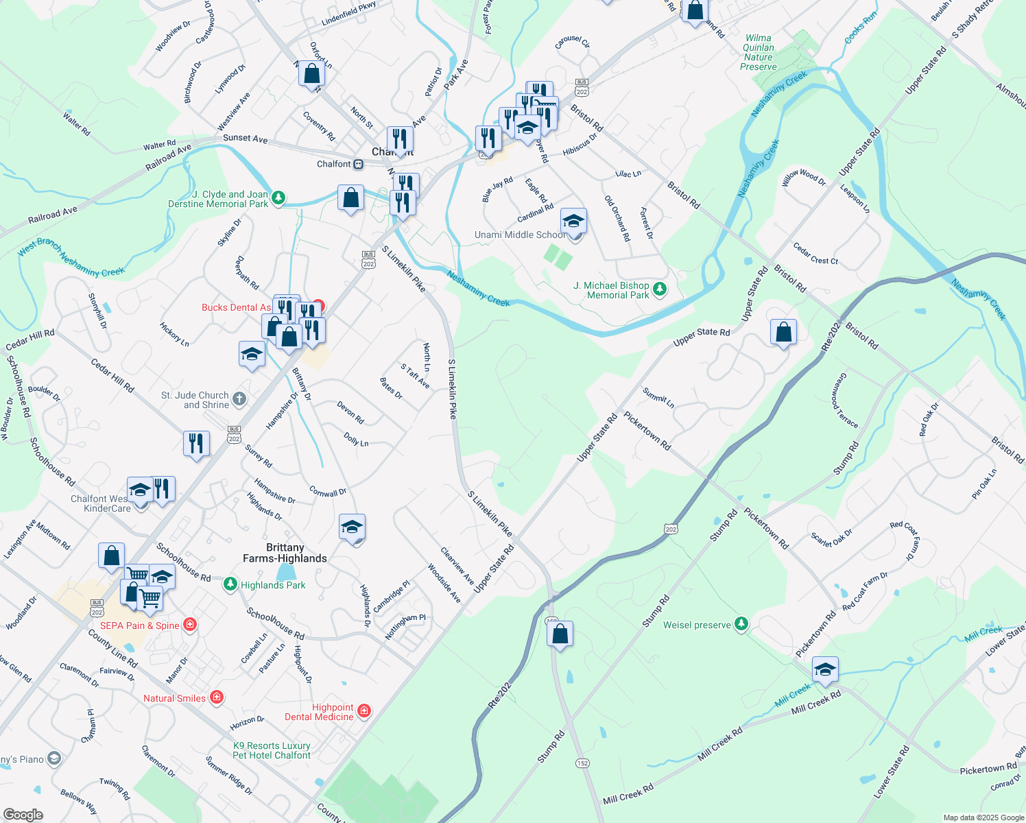 map of restaurants, bars, coffee shops, grocery stores, and more near 8 Far View Road in Chalfont