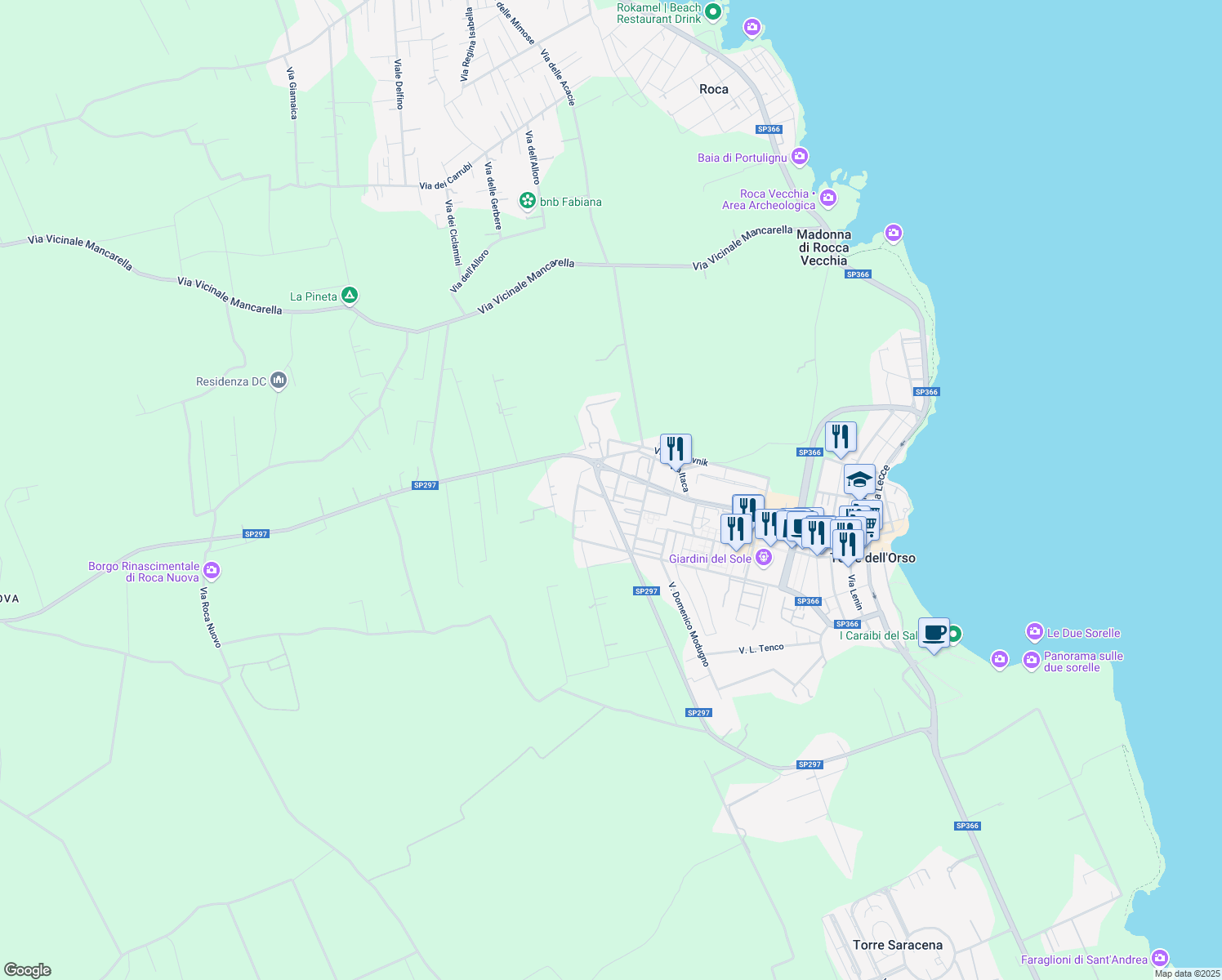 map of restaurants, bars, coffee shops, grocery stores, and more near 21 Via Carmelo Bene in Torre Dell'Orso
