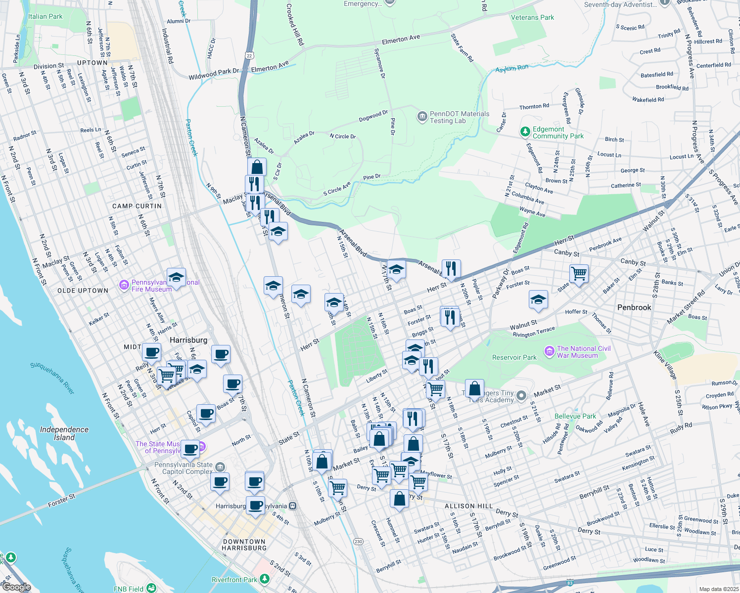 map of restaurants, bars, coffee shops, grocery stores, and more near 1204 North 16th Street in Harrisburg