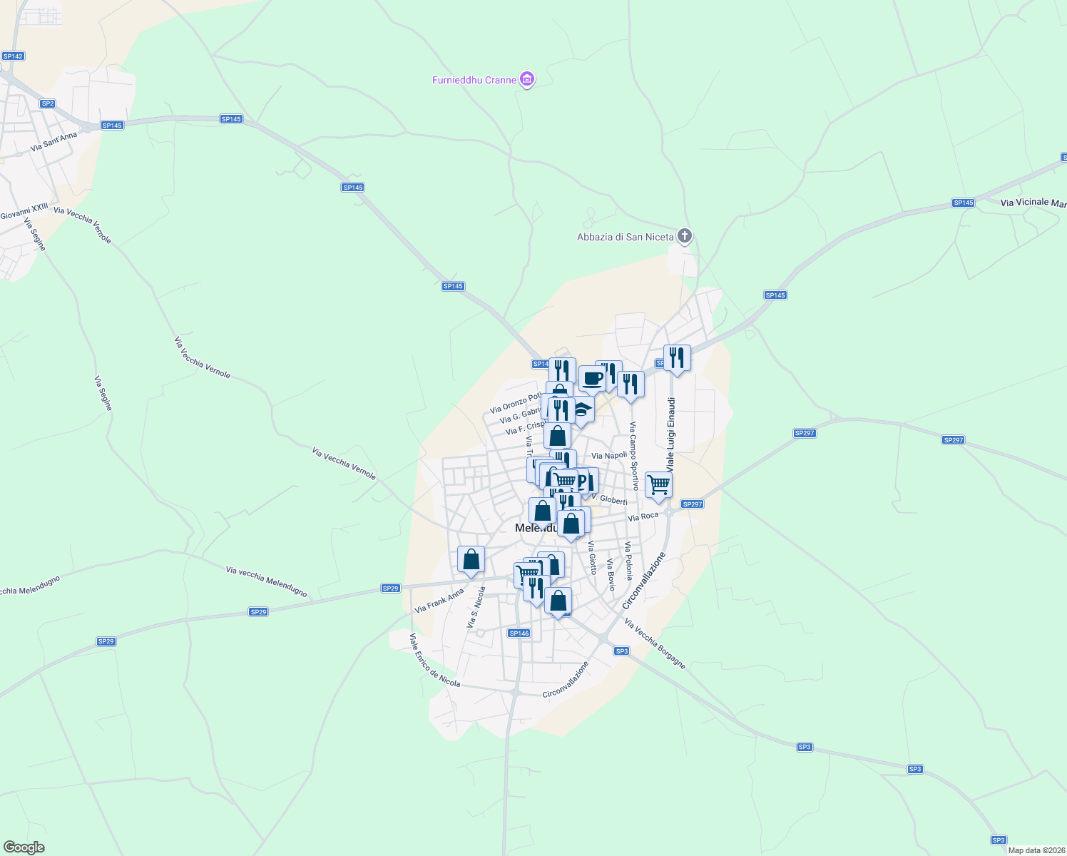 map of restaurants, bars, coffee shops, grocery stores, and more near 17 Via F. Crispi in Melendugno