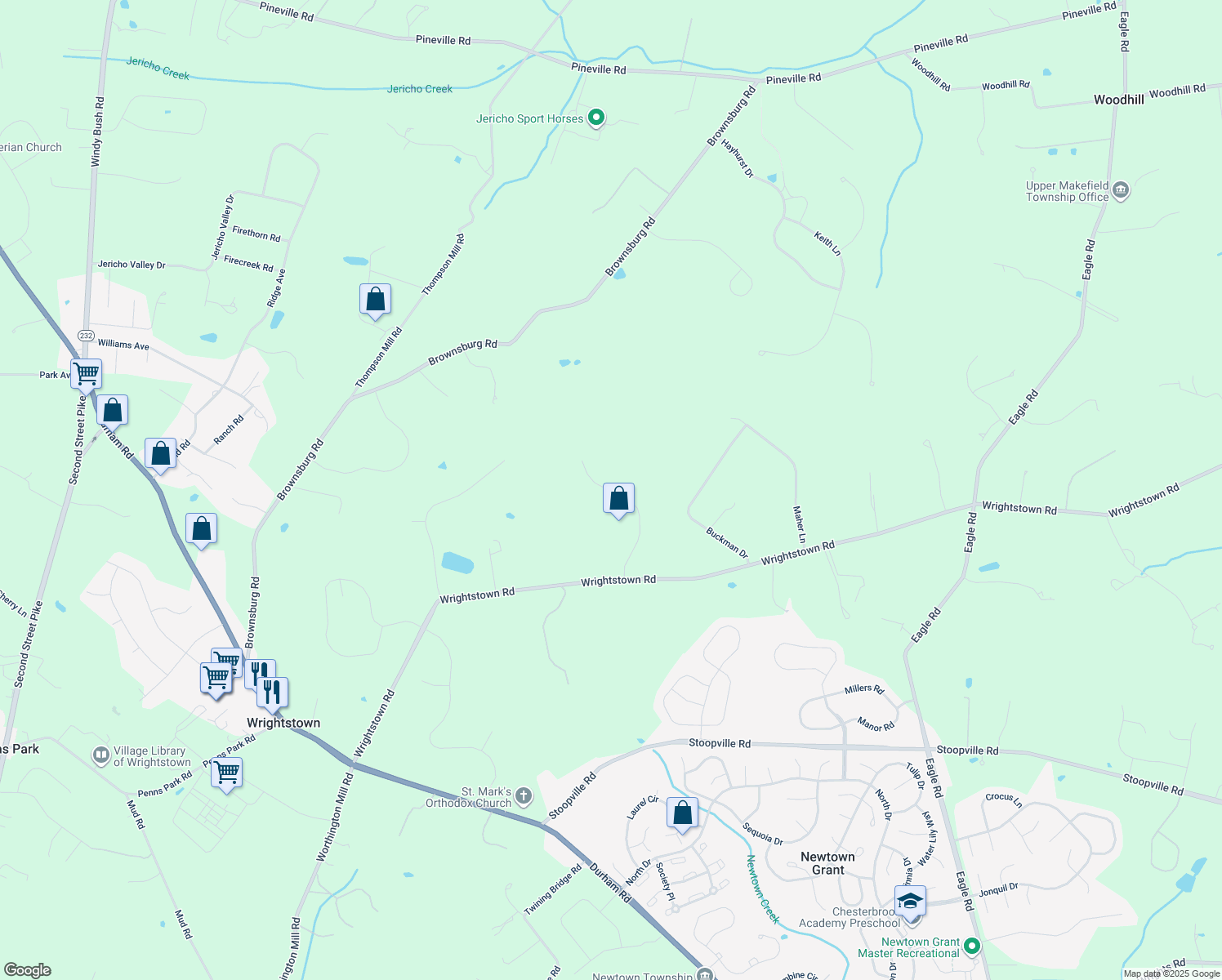 map of restaurants, bars, coffee shops, grocery stores, and more near 71 Penn Oak Trail in Newtown