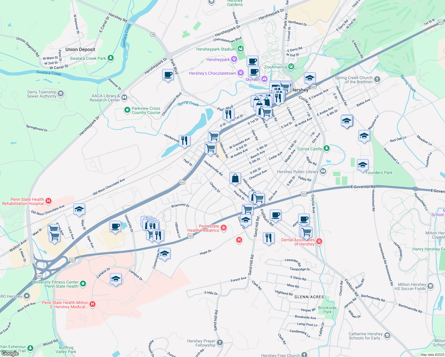 map of restaurants, bars, coffee shops, grocery stores, and more near 332 Hockersville Road in Hershey