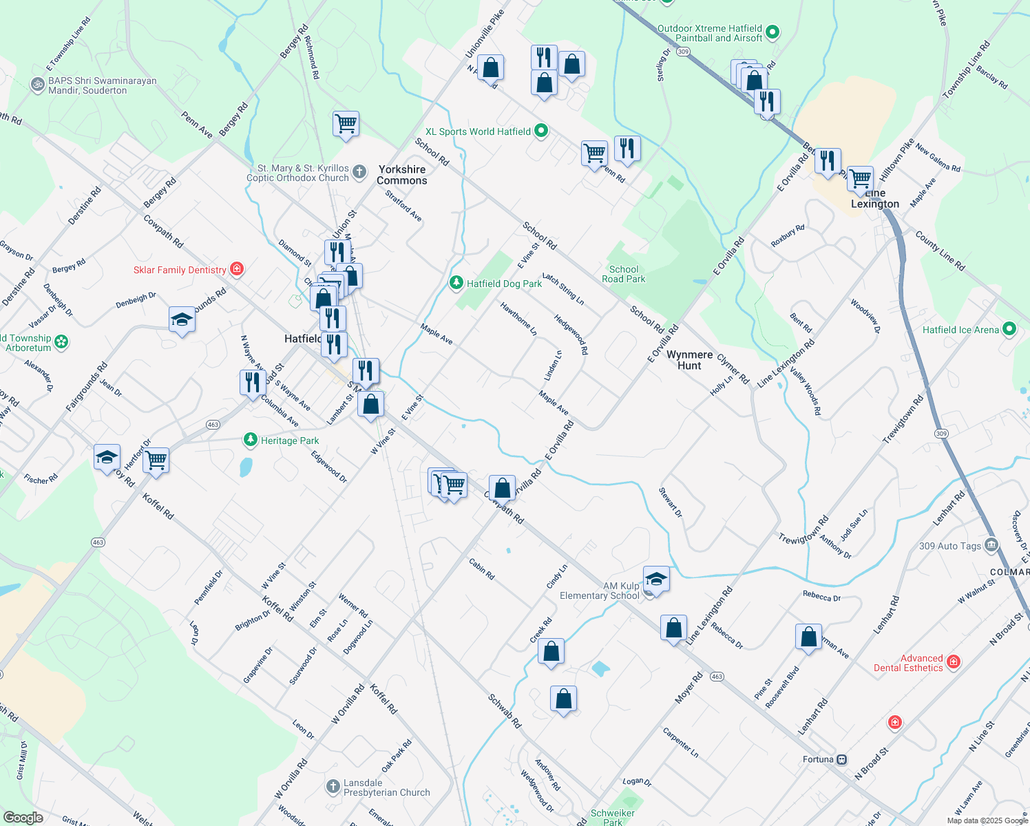 map of restaurants, bars, coffee shops, grocery stores, and more near 1616 Harvest Moon Lane in Hatfield