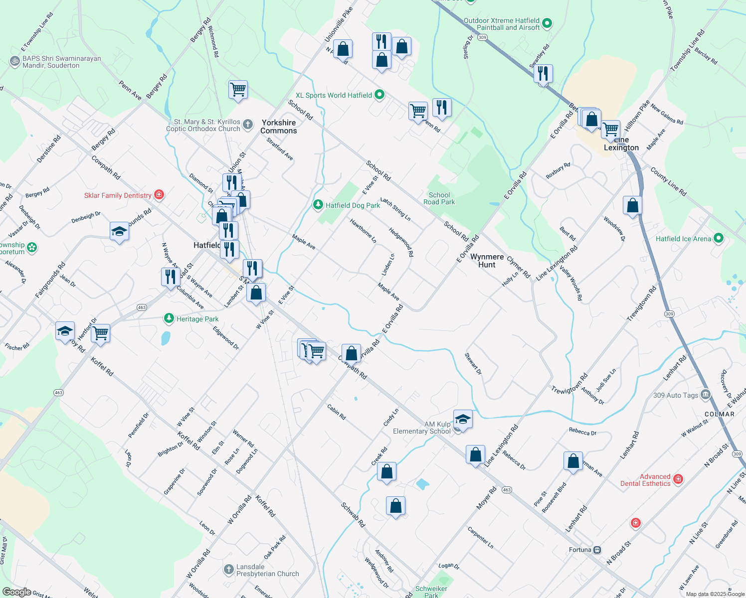 map of restaurants, bars, coffee shops, grocery stores, and more near 1609 Harvest Moon Lane in Hatfield