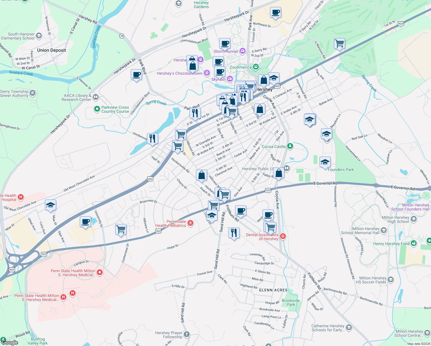 map of restaurants, bars, coffee shops, grocery stores, and more near 525 Chestnut Avenue in Hershey