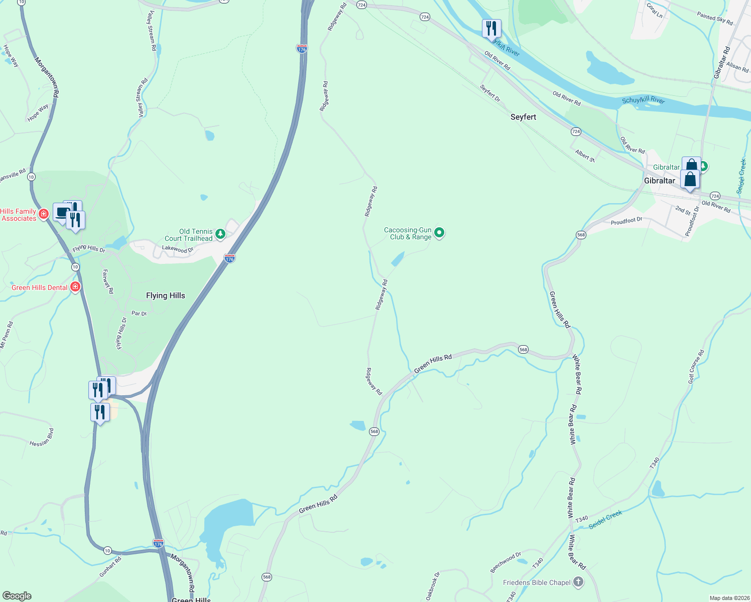map of restaurants, bars, coffee shops, grocery stores, and more near 676 Ridgeway Road in Birdsboro
