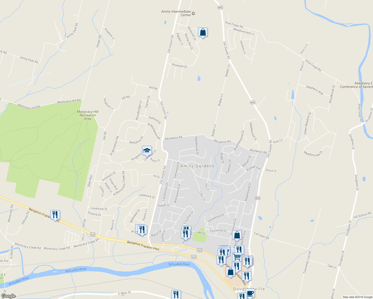 map of restaurants, bars, coffee shops, grocery stores, and more near 520 Glenwood Drive in Douglassville