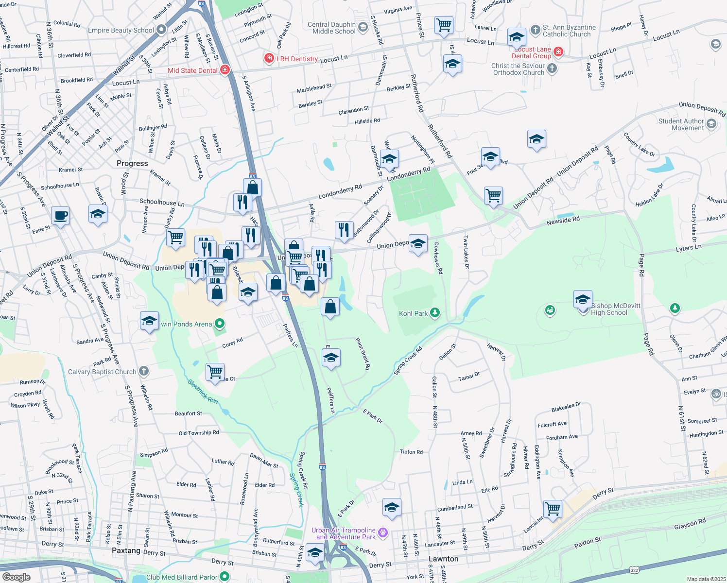 map of restaurants, bars, coffee shops, grocery stores, and more near 1073 Acri Drive in Harrisburg
