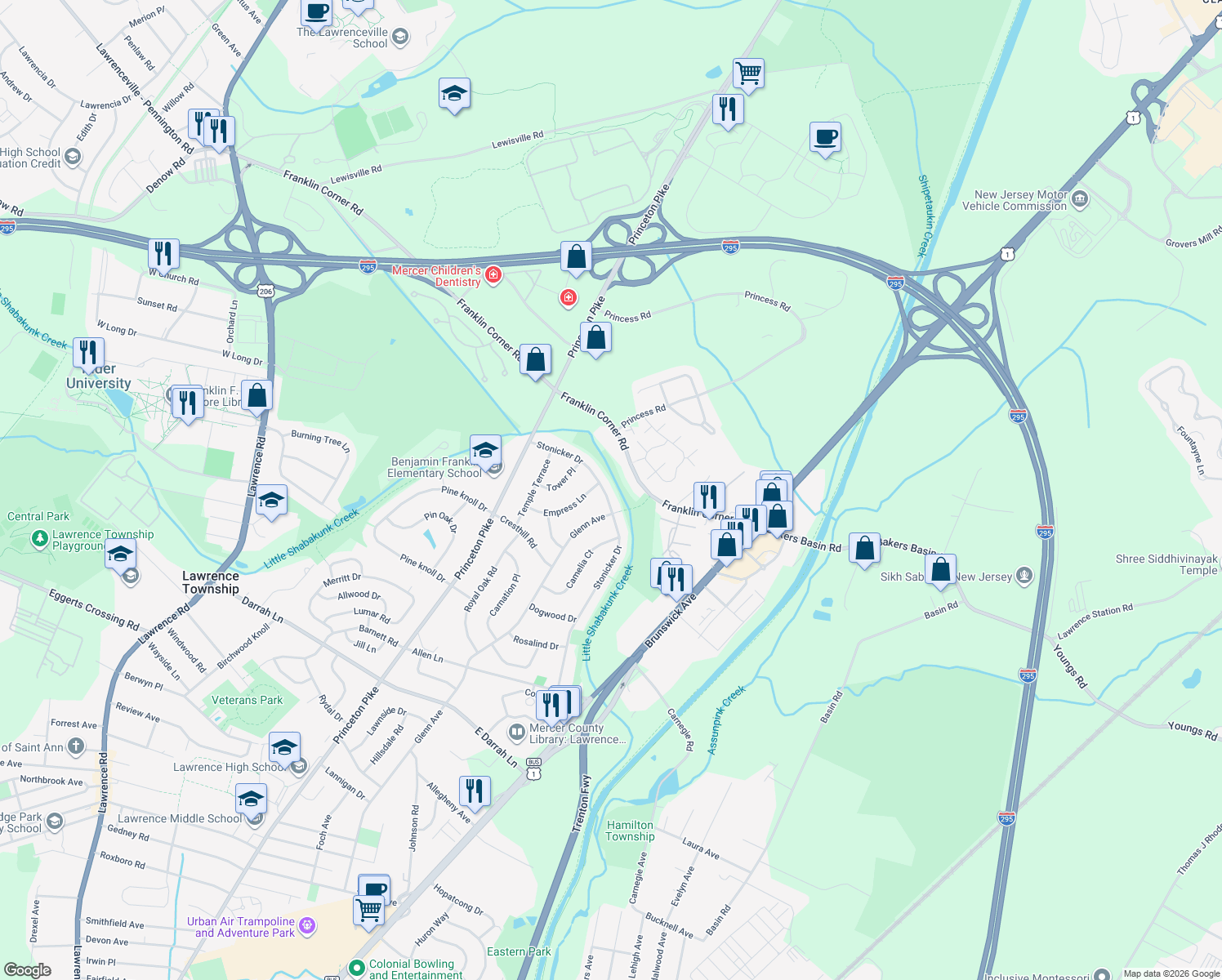map of restaurants, bars, coffee shops, grocery stores, and more near 26 Stonicker Dr in Lawrence Township