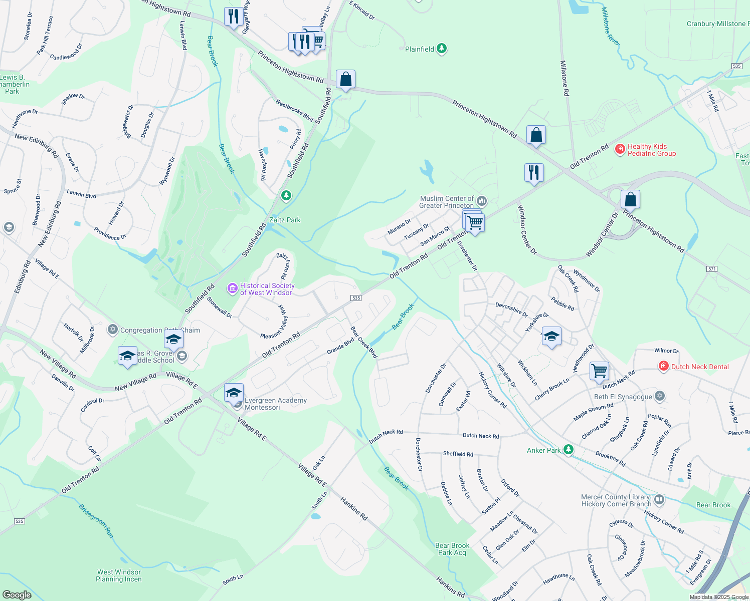 map of restaurants, bars, coffee shops, grocery stores, and more near 10 Mistflower Lane in West Windsor Township