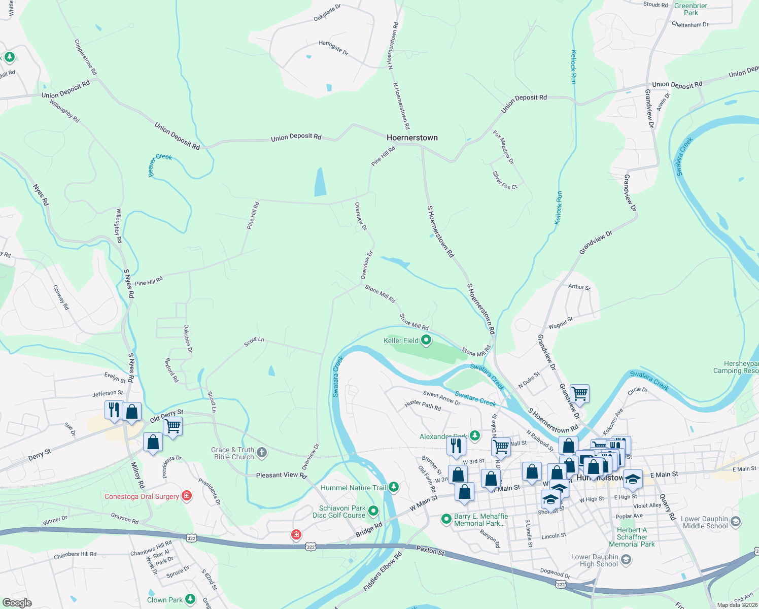 map of restaurants, bars, coffee shops, grocery stores, and more near 94 Stone Mill Road in Dauphin County