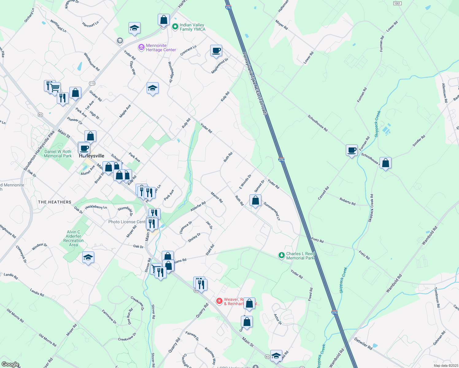 map of restaurants, bars, coffee shops, grocery stores, and more near 154 Ruth Road in Harleysville