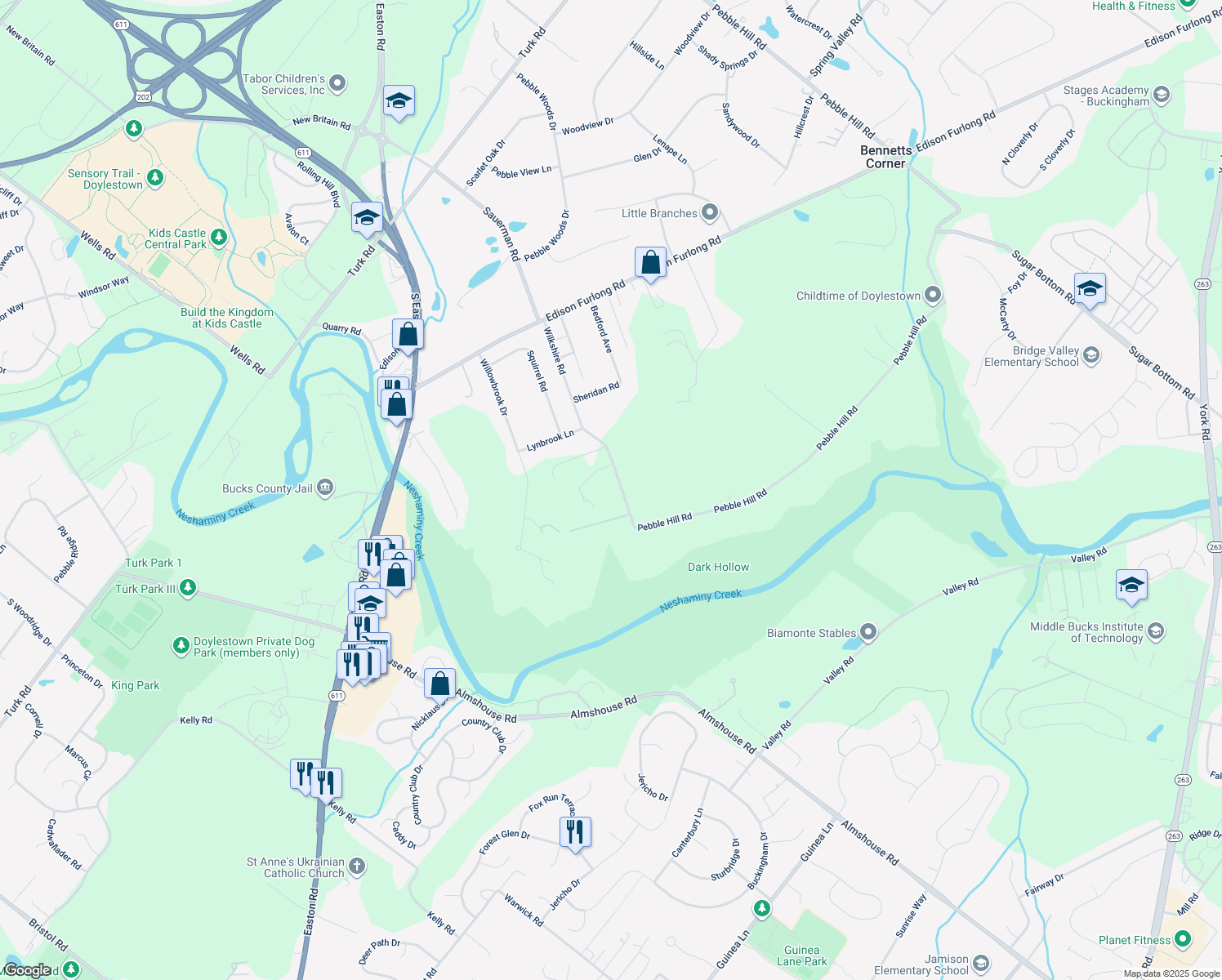 map of restaurants, bars, coffee shops, grocery stores, and more near 140 Wilkshire Road in Doylestown