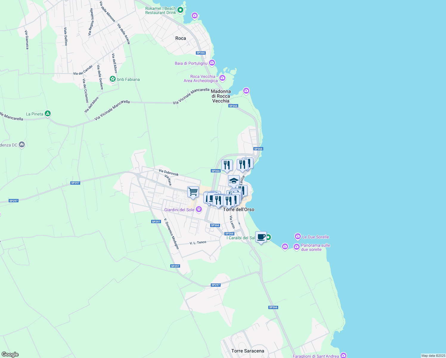 map of restaurants, bars, coffee shops, grocery stores, and more near 38 Via Palmiro Togliatti in Torre Dell'Orso