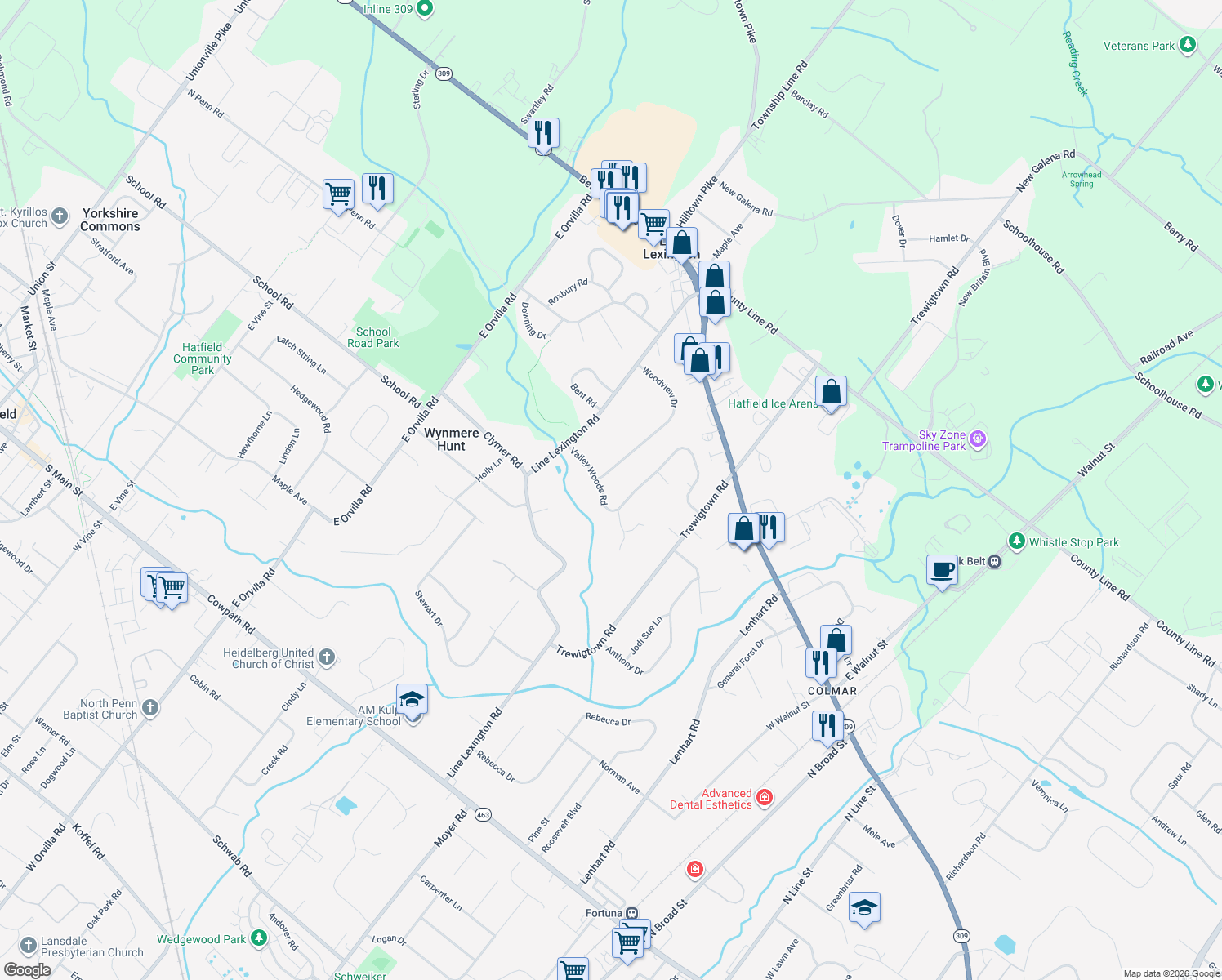 map of restaurants, bars, coffee shops, grocery stores, and more near 2684 Valley Woods Rd in Hatfield