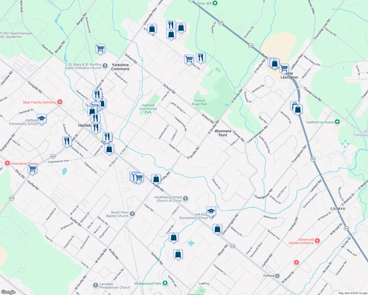 map of restaurants, bars, coffee shops, grocery stores, and more near 2210 Briar Patch Lane in Hatfield