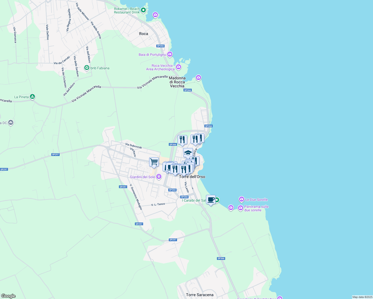 map of restaurants, bars, coffee shops, grocery stores, and more near Via Massimo d'Antona in Torre Dell'Orso