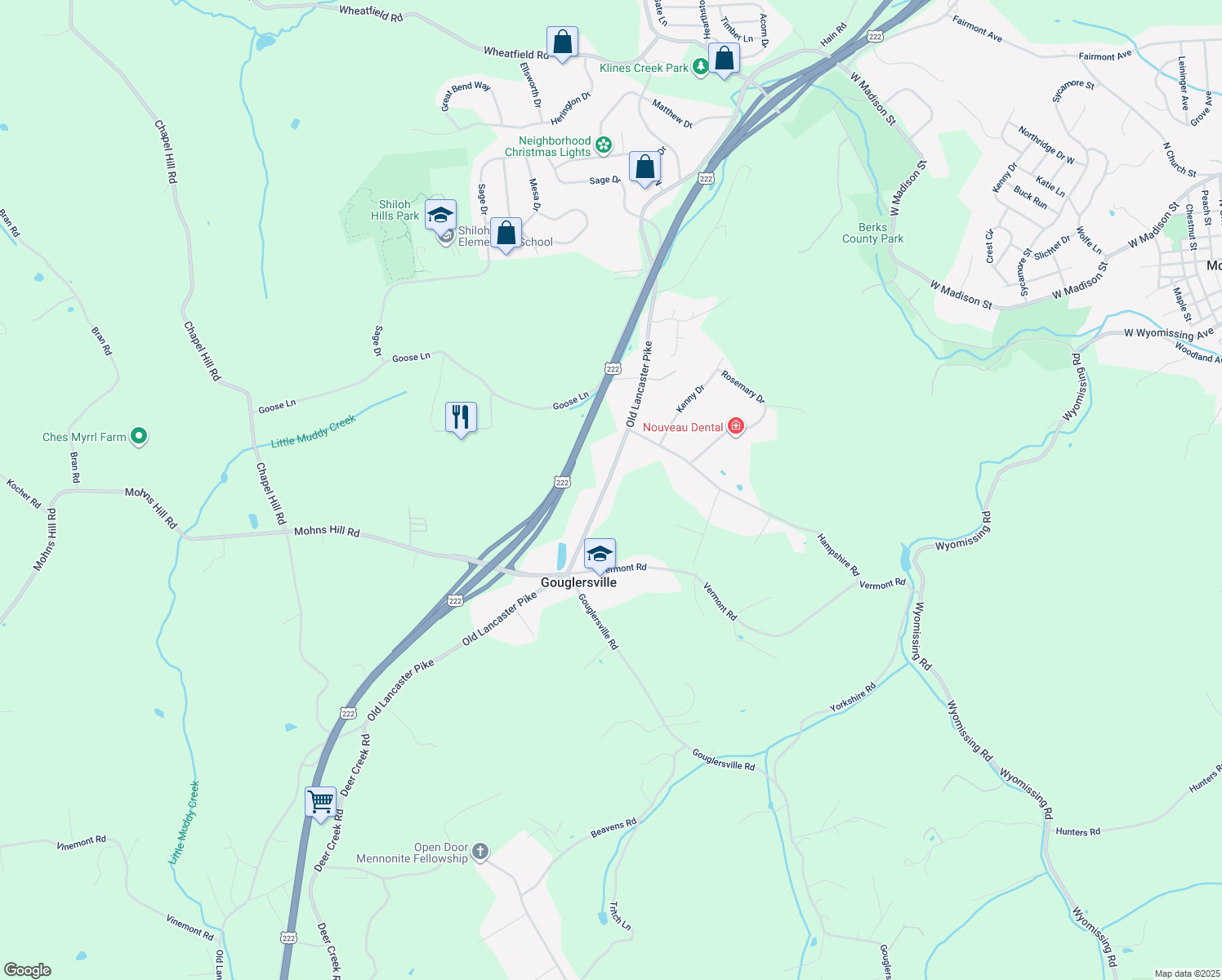 map of restaurants, bars, coffee shops, grocery stores, and more near 1658 Old Lancaster Pike in Sinking Spring
