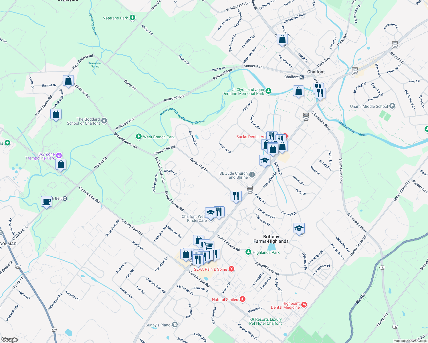 map of restaurants, bars, coffee shops, grocery stores, and more near 102 Sugar Bush Court in Chalfont