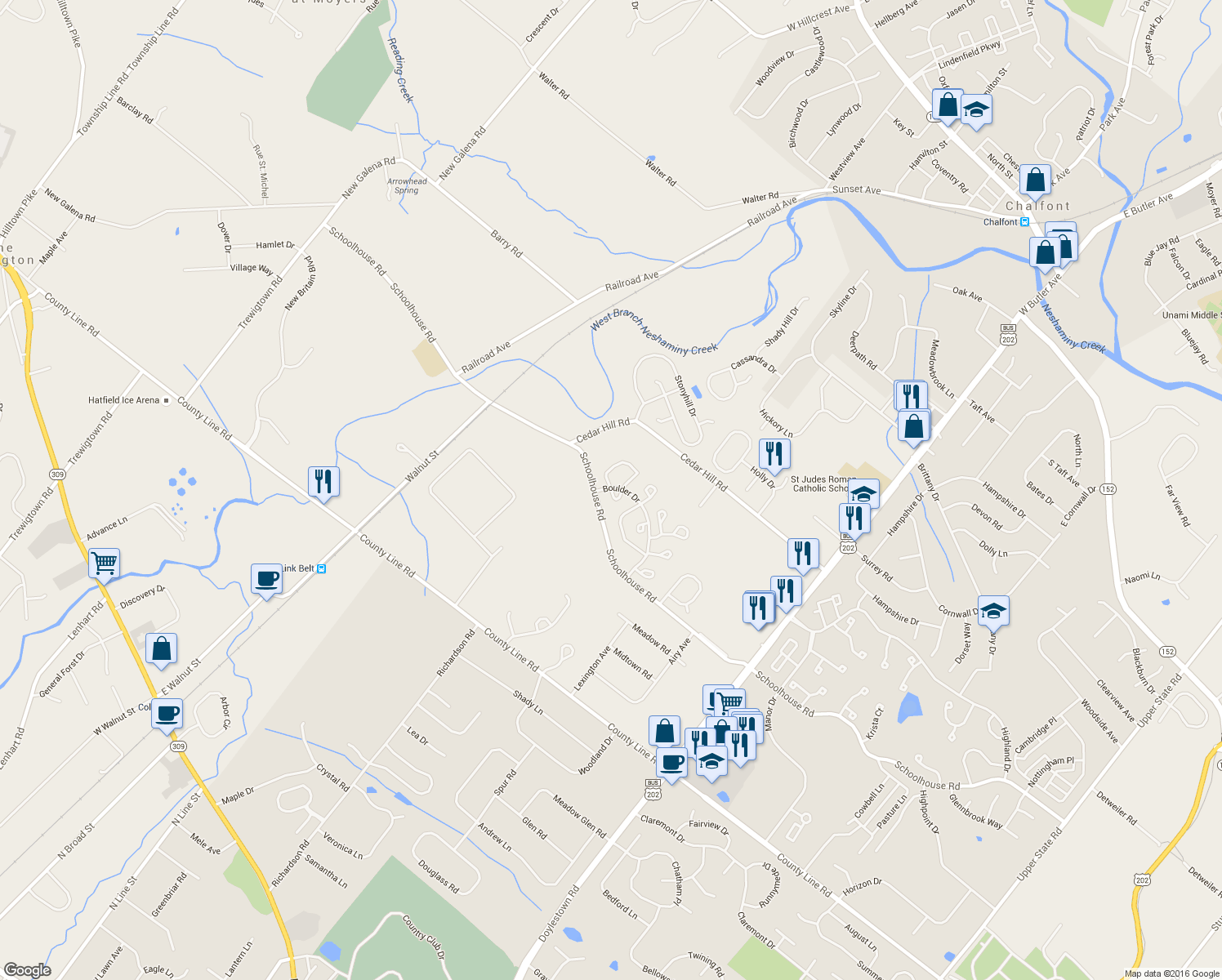 map of restaurants, bars, coffee shops, grocery stores, and more near 710 Stafford Court in Chalfont