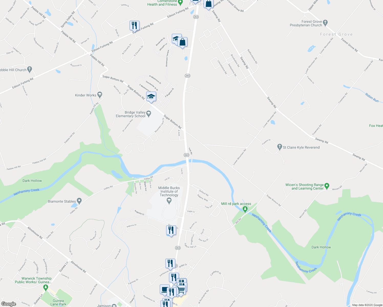 map of restaurants, bars, coffee shops, grocery stores, and more near 3409 Old York Road in Furlong