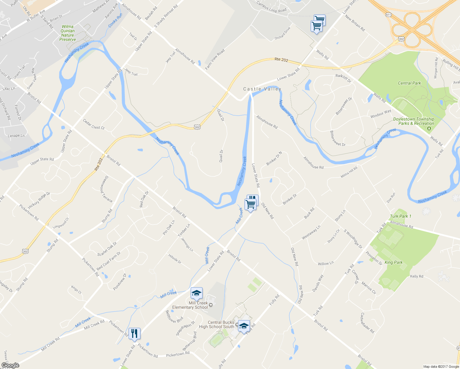 map of restaurants, bars, coffee shops, grocery stores, and more near 11 Quail Drive in Doylestown