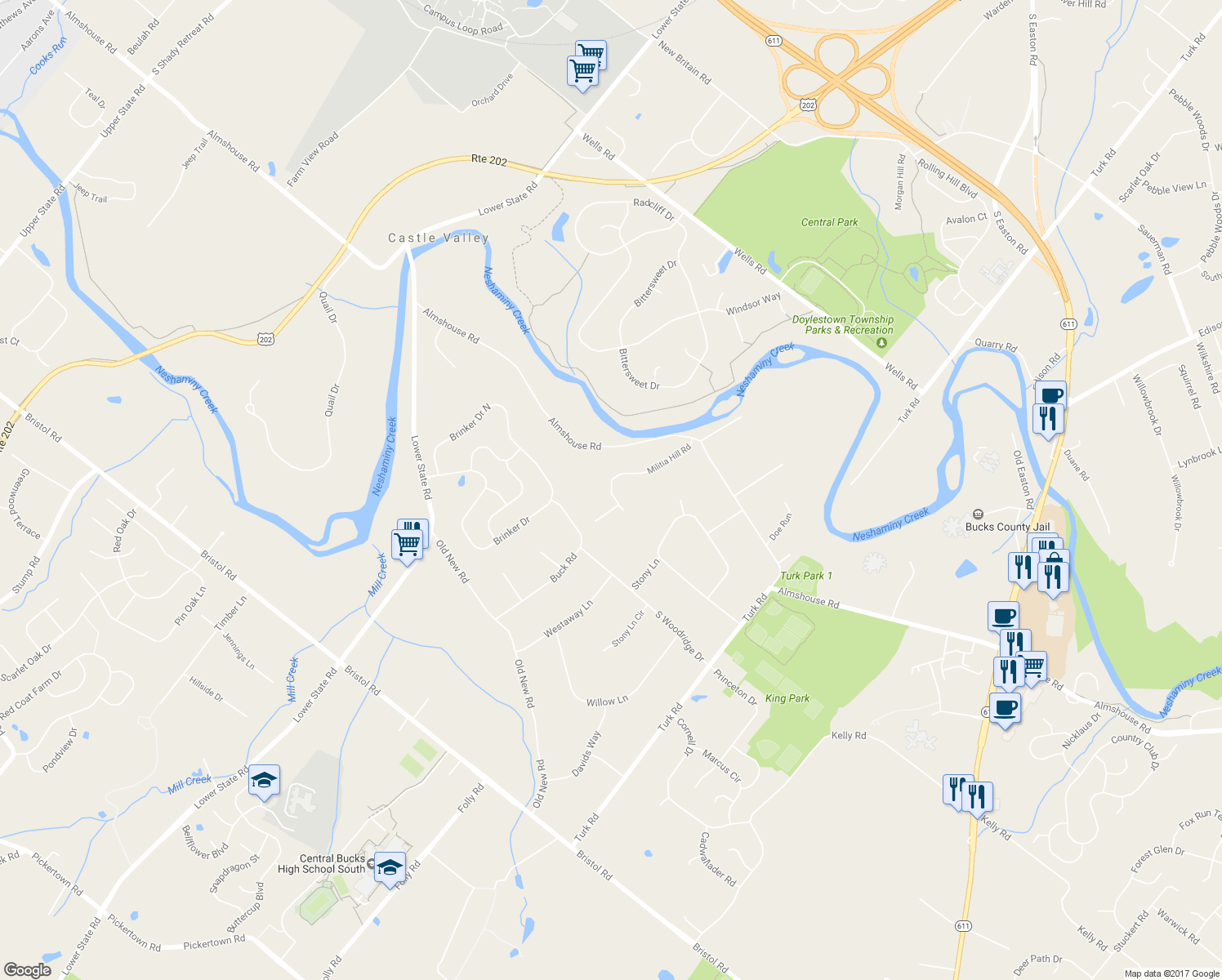 map of restaurants, bars, coffee shops, grocery stores, and more near 67 Militia Hill Road in Warrington