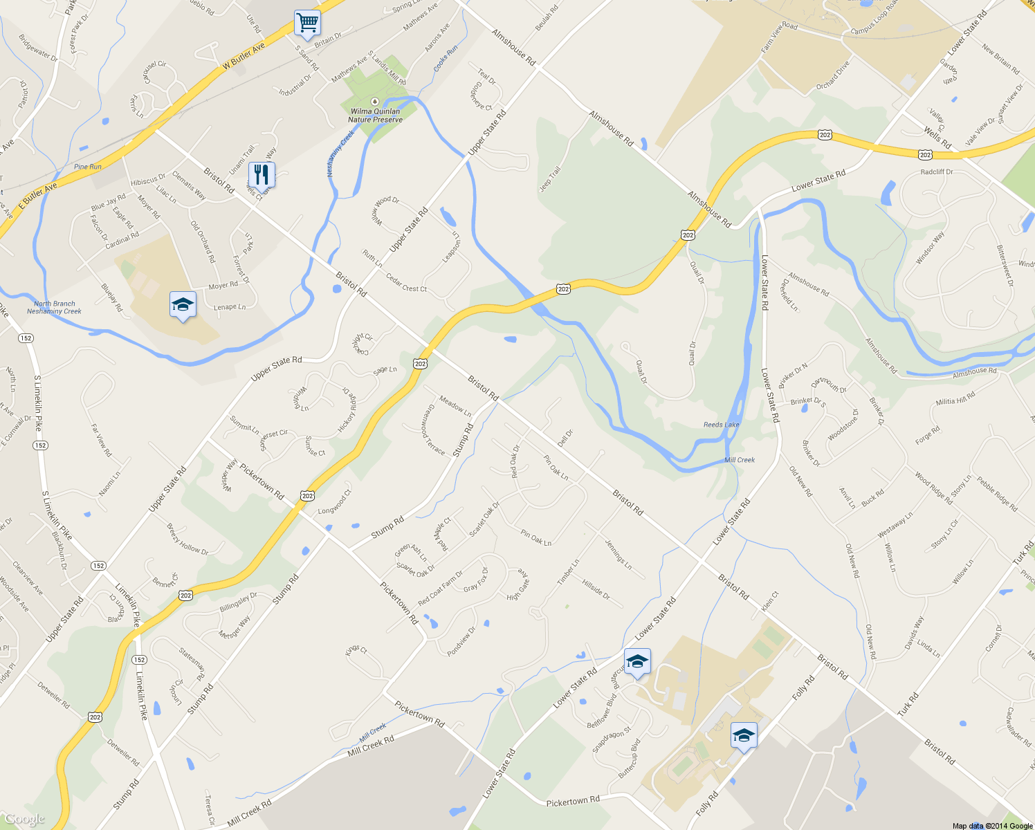 map of restaurants, bars, coffee shops, grocery stores, and more near 3535 Bristol Road in Doylestown