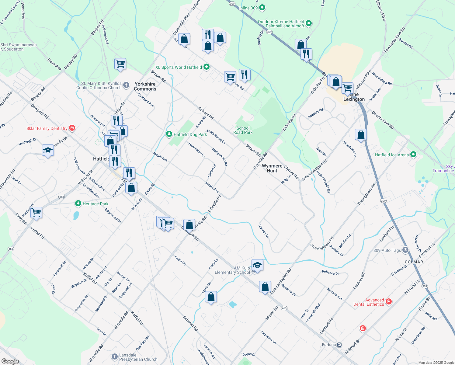 map of restaurants, bars, coffee shops, grocery stores, and more near 2226 Briar Patch Lane in Hatfield