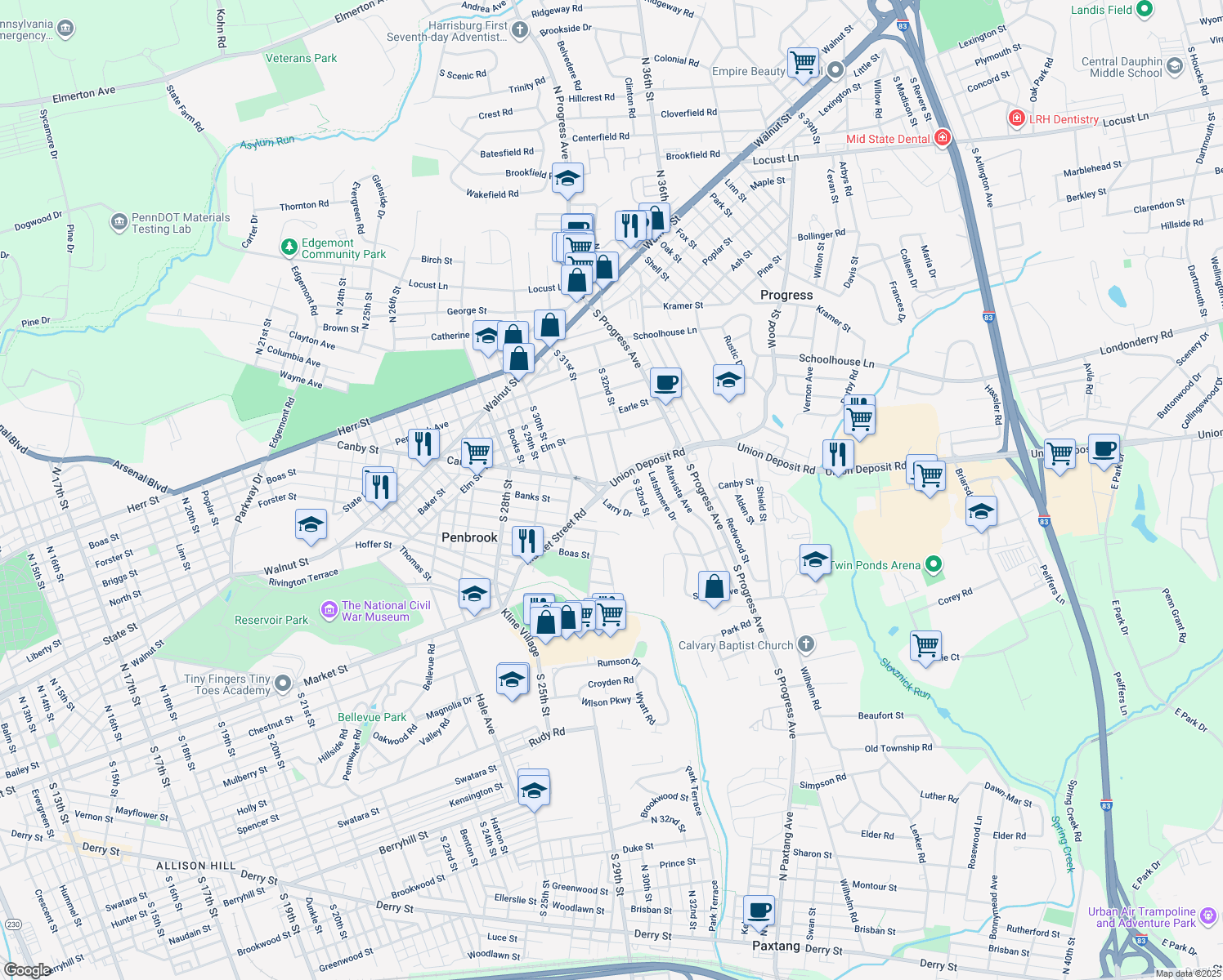 map of restaurants, bars, coffee shops, grocery stores, and more near 3109 Union Deposit Road in Harrisburg