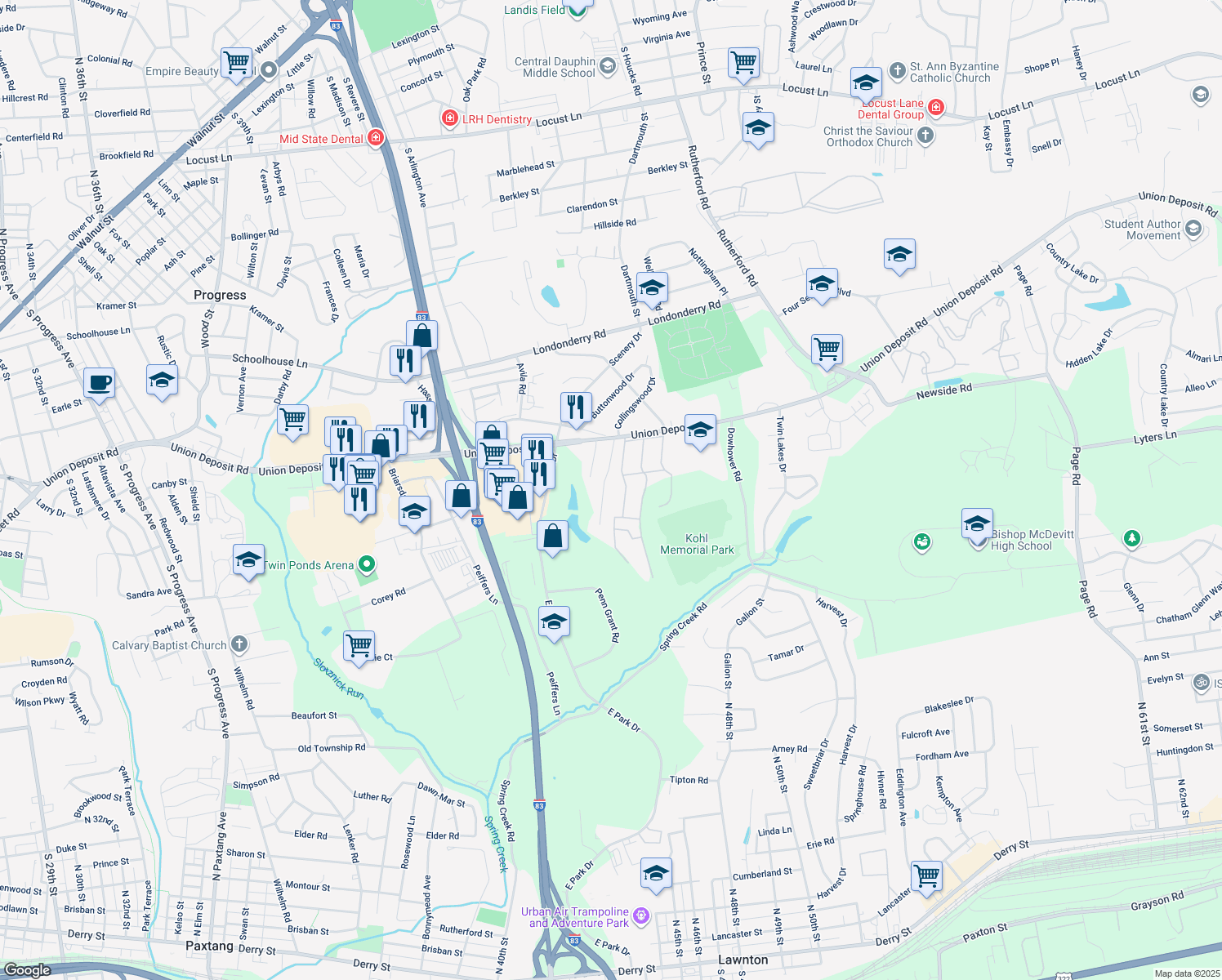 map of restaurants, bars, coffee shops, grocery stores, and more near 1081 Acri Drive in Harrisburg