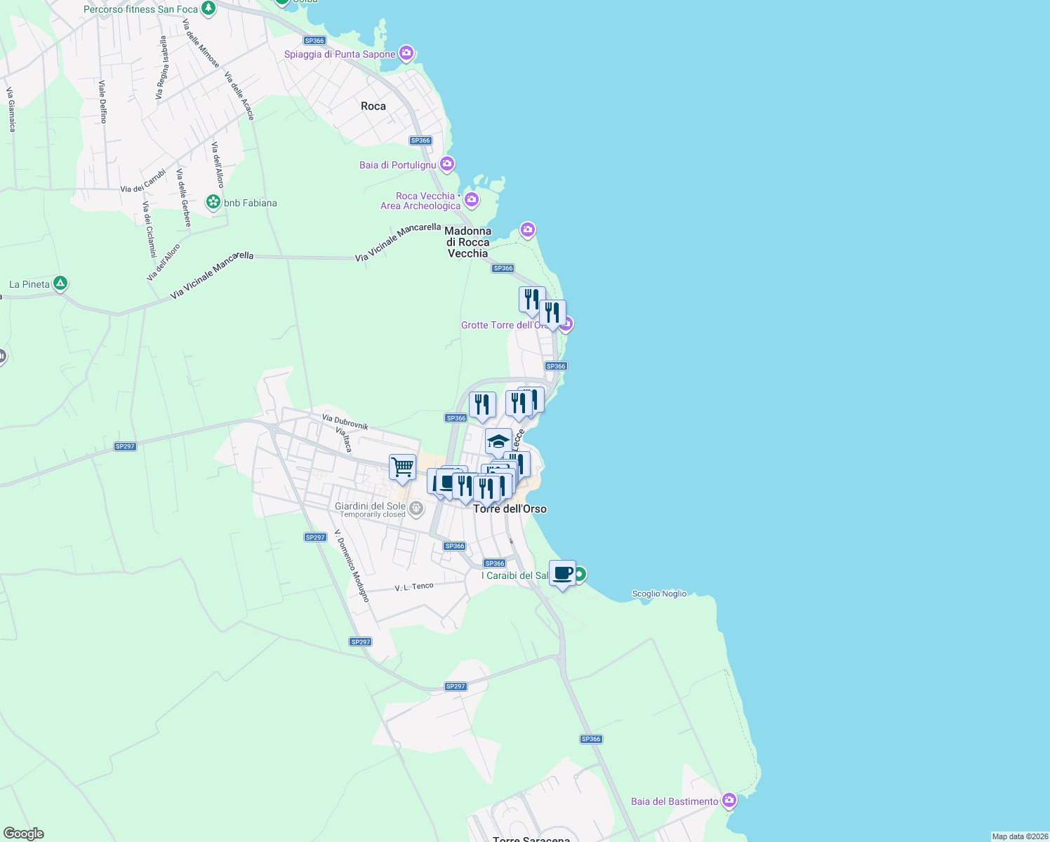 map of restaurants, bars, coffee shops, grocery stores, and more near 53 Via Giacomo Brodolini in Torre Dell'orso