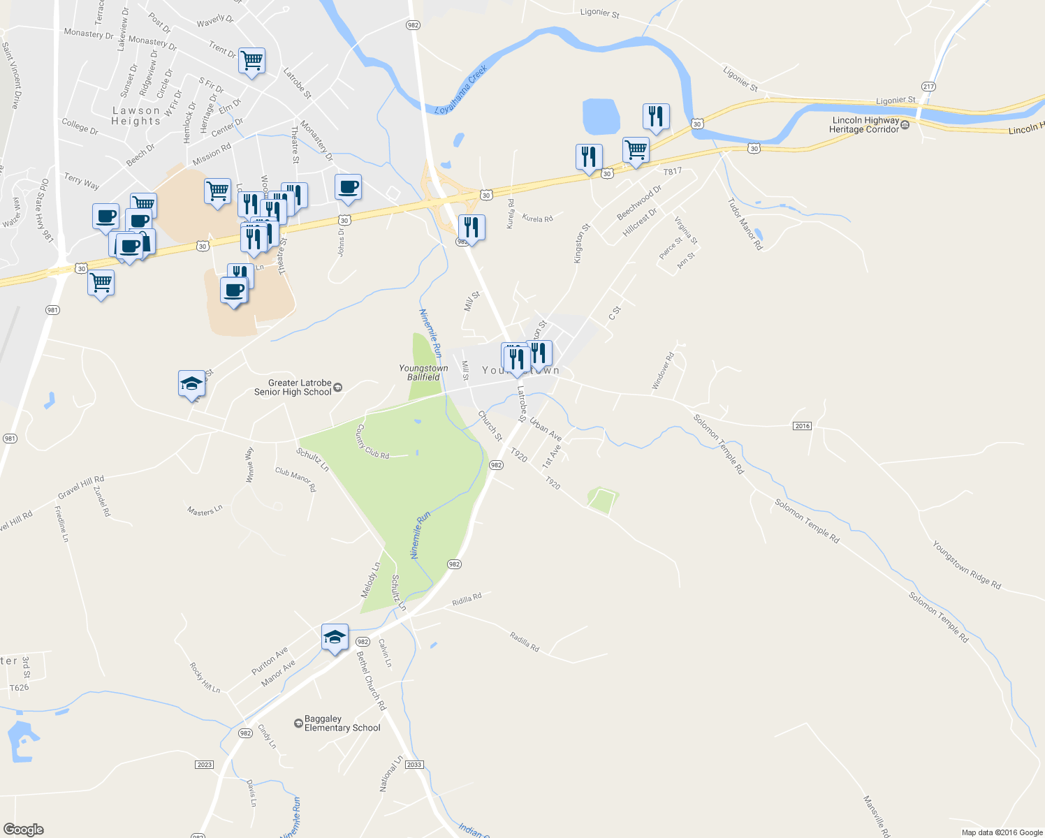 map of restaurants, bars, coffee shops, grocery stores, and more near 4458 Latrobe Street in Latrobe