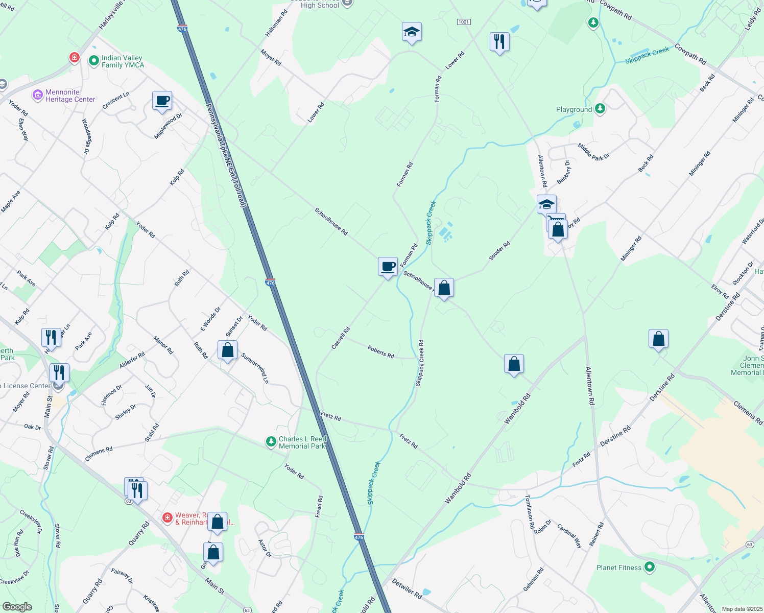 map of restaurants, bars, coffee shops, grocery stores, and more near 137 Bridle View Way in Souderton
