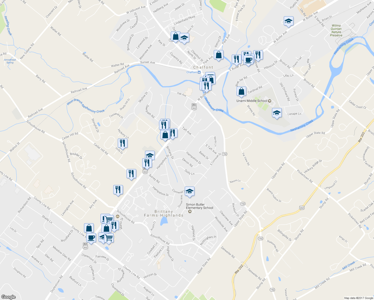 map of restaurants, bars, coffee shops, grocery stores, and more near 100 New Jersey Avenue in Chalfont